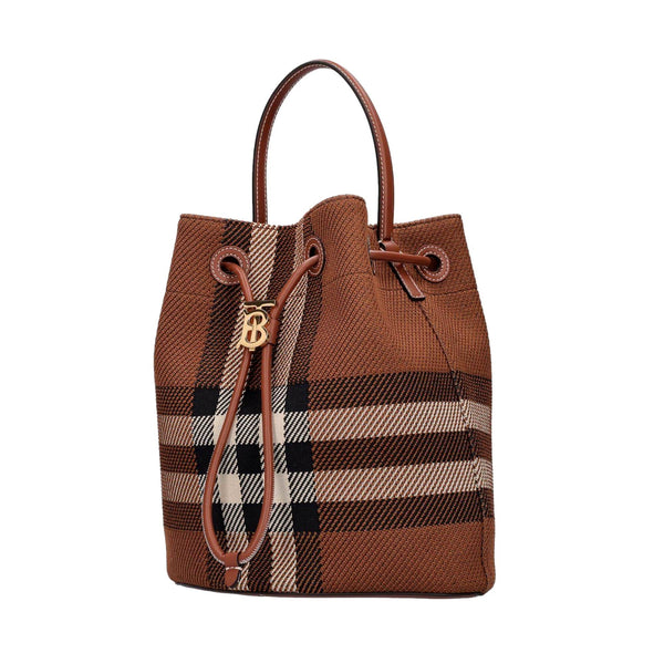 Burberry Small Check Knit Drawstring Bucket Bag