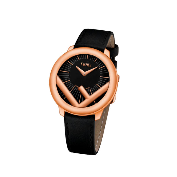 Fendi Run Away Rose Gold Black Calf Leather 36 MM Fashion Watch