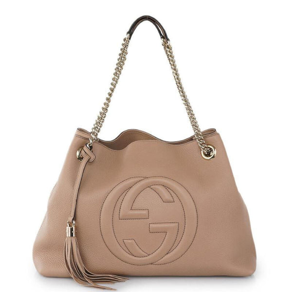 Gucci Soho Camelia Beige Cellarius GG Logo Leather Chain Tote