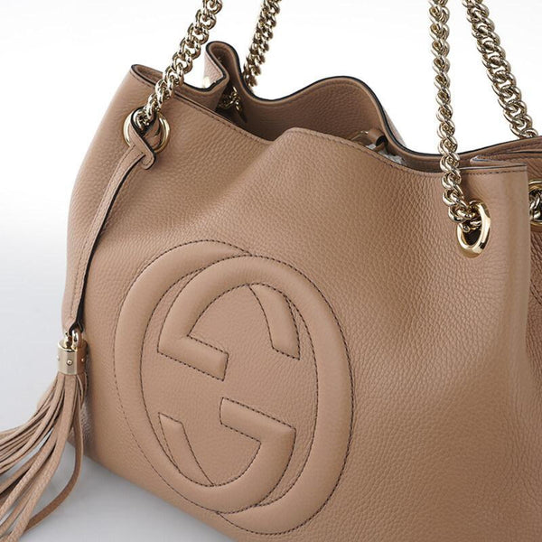 Gucci Soho Camelia Beige Cellarius GG Logo Leather Chain Tote Bag