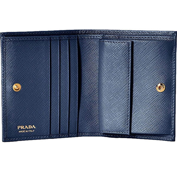 Prada Saffiano Baltico Blue Leather Gold Logo Bifold Snap Wallet