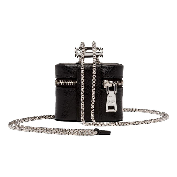 Prada Triangle Saffiano Black Leather Mini Airpods Case with Chain