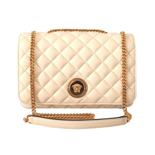 VERSACE: La Medusa bag in raffia and leather with studs - Beige