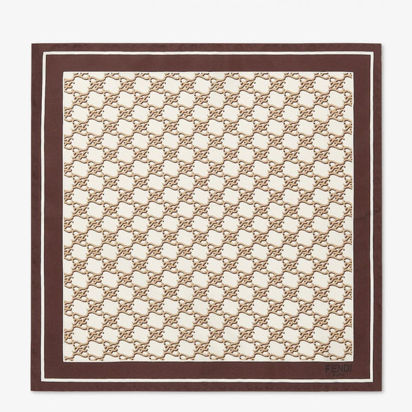 Fendi FF Karligraphy Print Brown and Ivory Silk Scarf 33 cm