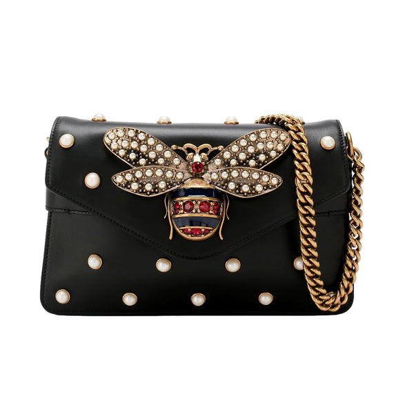 Gucci Broadway Pearl Studded Bee Black Leather Shoulder Bag