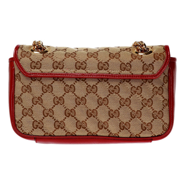 Gucci Marmont Beige Printed Canvas Red Leather Trim Shoulder Bag