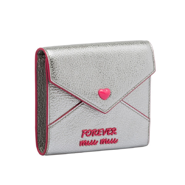 Miu Miu Silver Cromo Madras Forever Glitter Leather Heart Love Wallet 5MH014