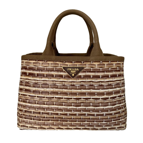 Prada Two Tone Woven Tote Bag in Brown