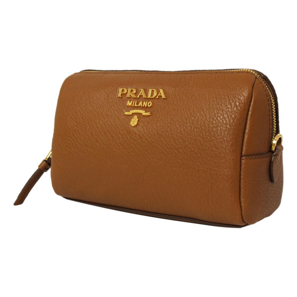 Prada Vitello Daino Cannella Brown Leather Cosmetic Pouch Clutch Bag