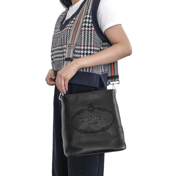 tas satchel Prada 1BB086 Bauletto Speedy Vitello Black Phenix Leather with  Wide Stripe Strap Satchel