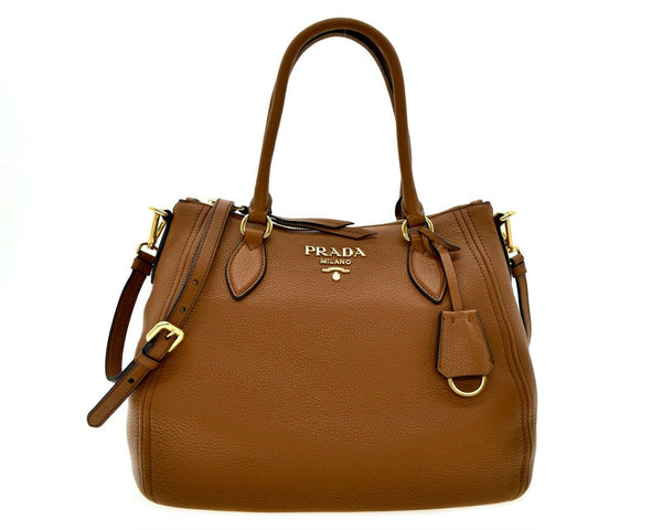 Prada Vitello Phenix Leather Convertible Zip Bag Cannella Brown