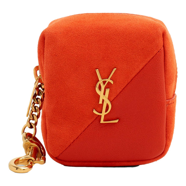 $445 New Saint Laurent YSL Jaime Charm Logo Key Pouch Cube 669964 Orange  Suede