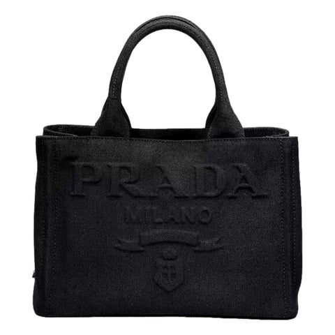 Prada Canapa Black Canvas Embossed Logo Tote