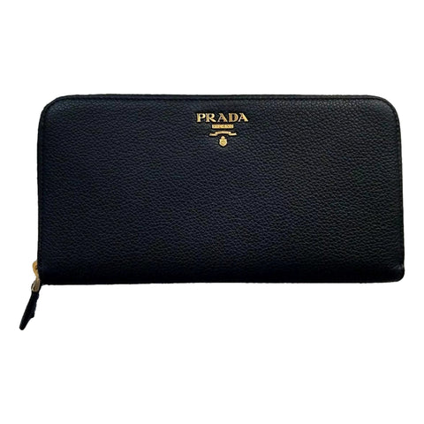 Prada Vitello Grain Zip Continental Long Wallet Black Leather Gold Logo