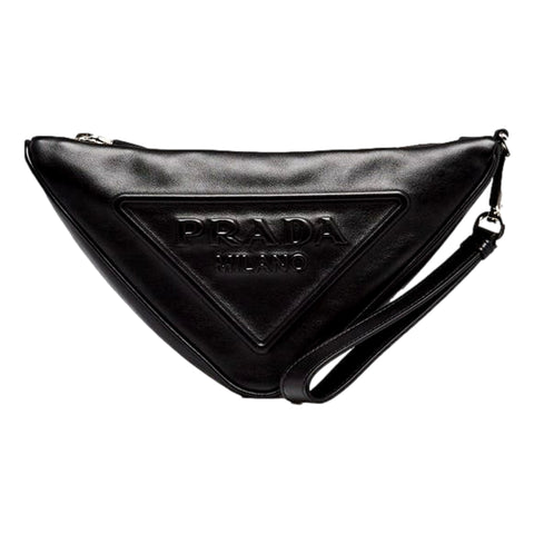 Prada Grace Triangle Leather Pouch Clutch Bag with Embossed Logo Nero Black