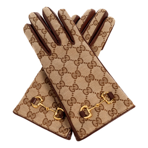 Gucci Beige Brown Monogram Horsebit Nappa Leather Gloves