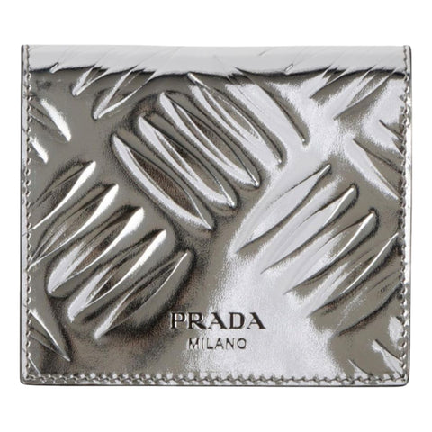 Prada Spazzolato Bifold Card Wallet Metallic Silver Embossed Leather