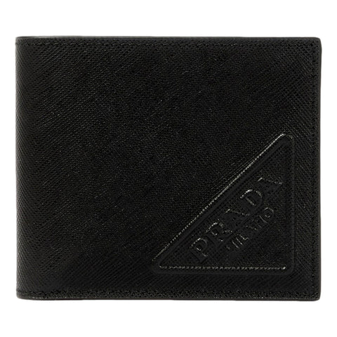 Prada Saffiano Leather Bifold Card Wallet Triangle Embossed Logo Black