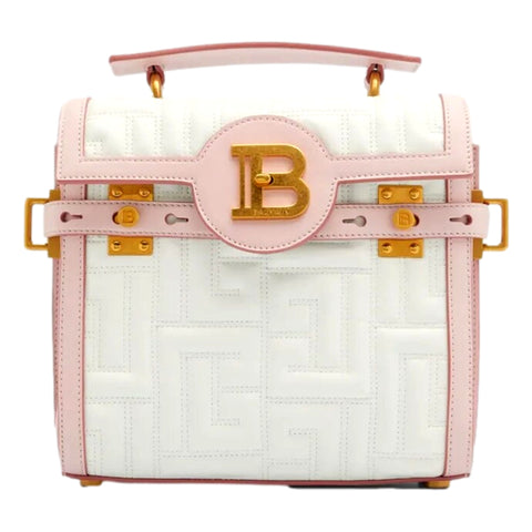 Balmain B-Buzz 23 Pink White Tote Crossbody Shoulder Bag Quilted Leather