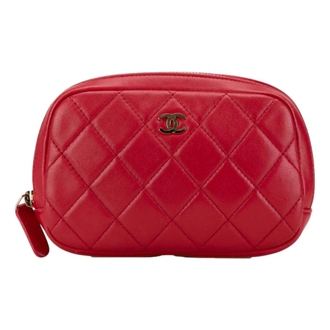 Chanel Lambskin Quilted Small Curvy Pouch Cosmetic Case Pouch Red