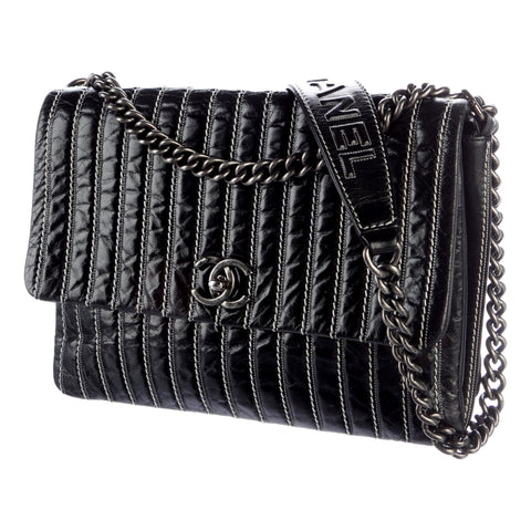 Chanel White Vertical Stitch Black Flap Bag