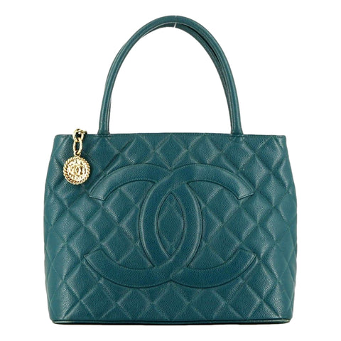 Chanel Caviar Leather CC Medallion Tote Bag Teal Blue