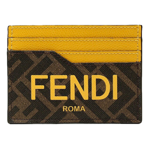 Fendi Roma Calfskin Leather Zucca Yellow Brown Card Case Wallet