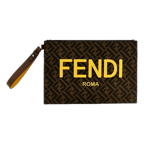 Fendi Coated Canvas Brown and Yellow Zucca Print Large Pouch Wristlet