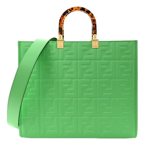 Fendi Sunshine Medium Plexi FF Embossed Leather Tote Edamame Green
