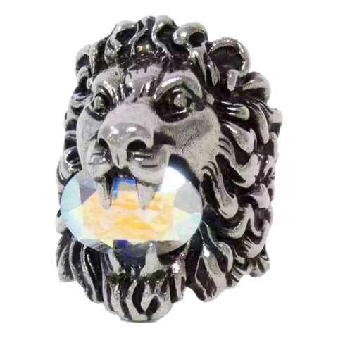 Gucci Lion Head Motif Silver Ring Opalescent Crystal Size 10