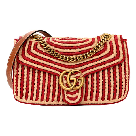 Gucci Marmont Raffia Woven Small GG Shoulder Bag Natural Hibiscus Red