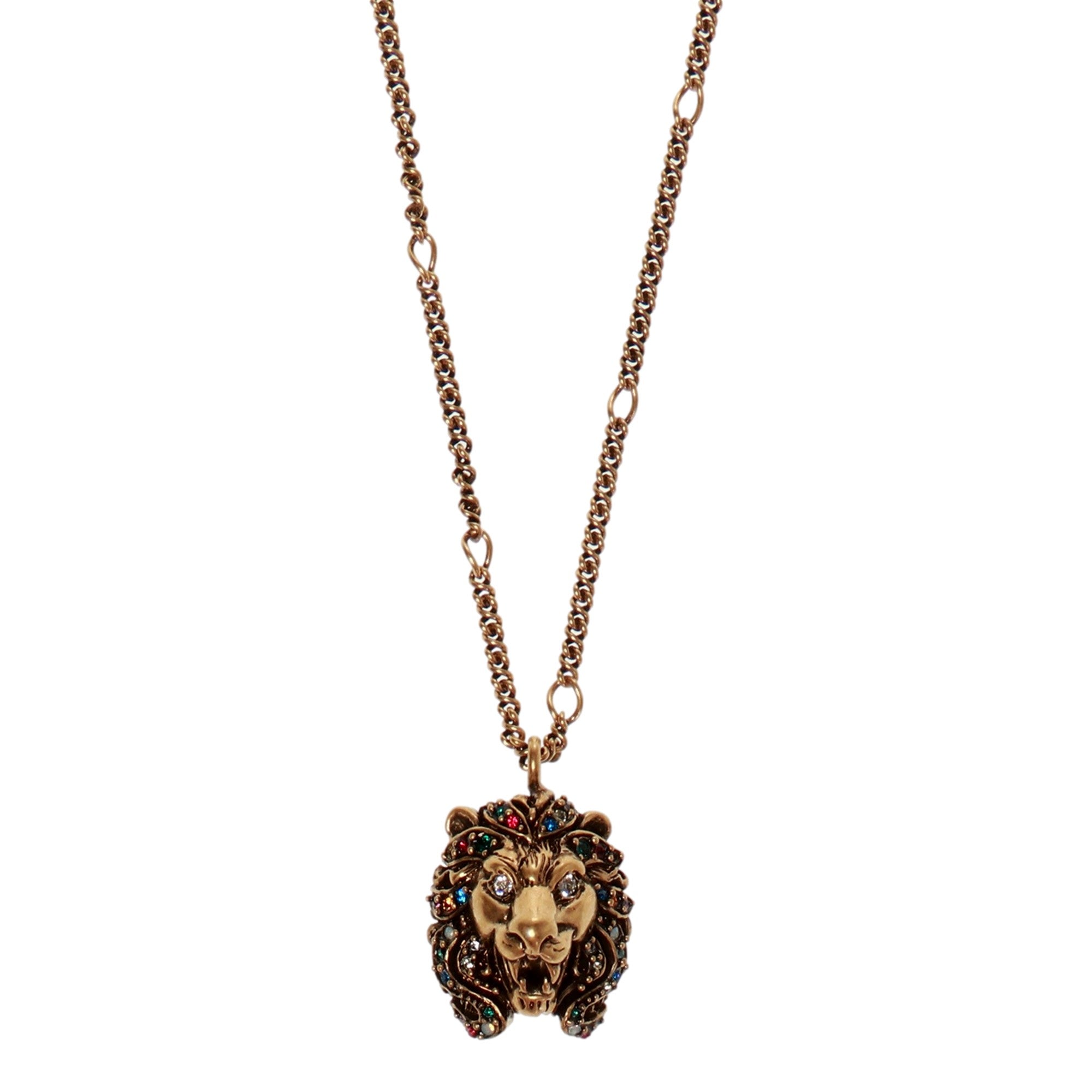 Gucci Distressed Gold Multi Color Crystal Lion Head Pendant Necklace