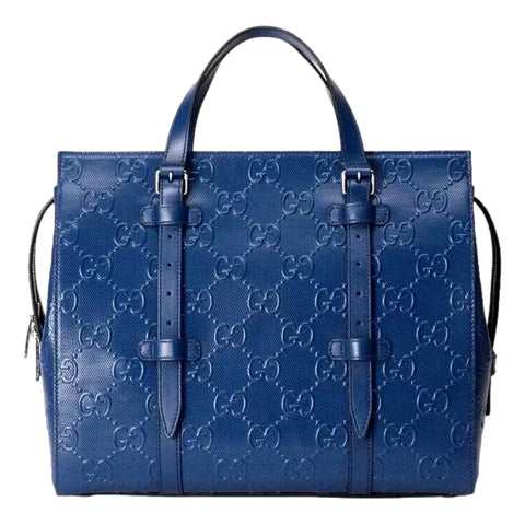 GUCCI GG Motif Tennis Embossed Top Handle Medium Tote Bag Blue