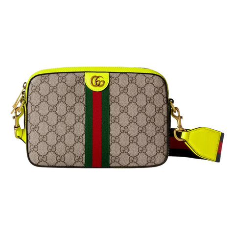 Gucci GG Supreme Canvas Ophidia Small Crossbody Web Stripe Neon Yellow