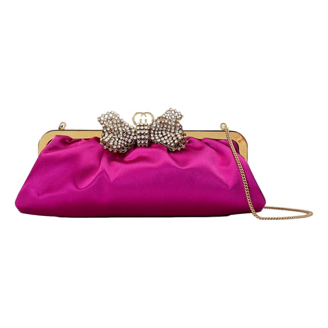 Gucci Broadway Fuchsia Satin Crystal Bow Clutch Chain Shoulder Bag