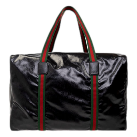 Gucci GG Black Glossy ‘Duffle Maxi’ Calfskin Leather Trim Duffel Bag