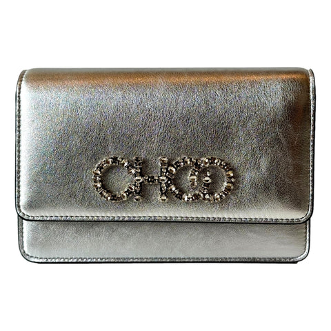 Jimmy Choo Kalina  Crossbody Clutch Bag Crystal Logo Metallic Silver