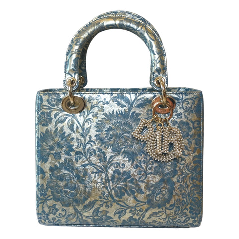 Christian Dior Lady Dior Small Floral Brocade Metallic Leather Handbag