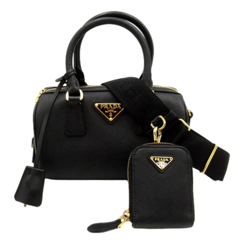 Prada Two-way Top Handle Crossbody Bag Saffiano Leather Black Gold Hardware