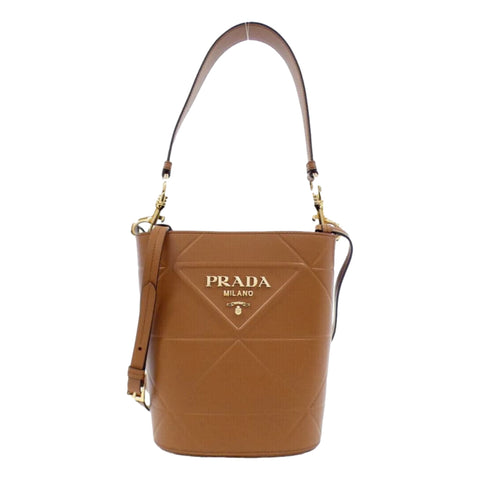 Prada Soft Calf Leather Bucket Crossbody Handbag Cognac Brown