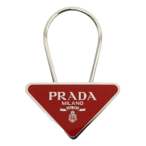 Prada Enameled Metal Key Ring Red and Gold Triangle Logo Purse Charm