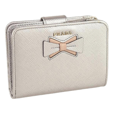 Prada Saffiano Gold Leather Bow Wallet with Coin Pouch