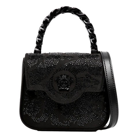 Versace La Medusa Crystal Mini Top Handle Tote Crossbody Black Silk