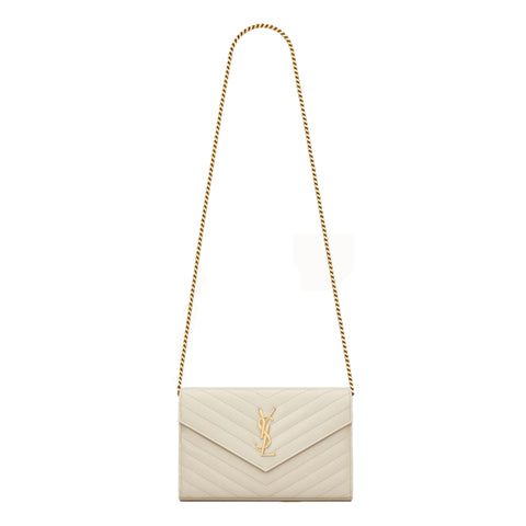 Saint Laurent Classic Cassandre Chain Wallet In Grain De Poudre Off-White Leather