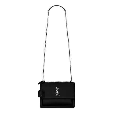 YSL Saint Laurent Sunset Black Smooth Leather Chain Strap Handbag Crossbody