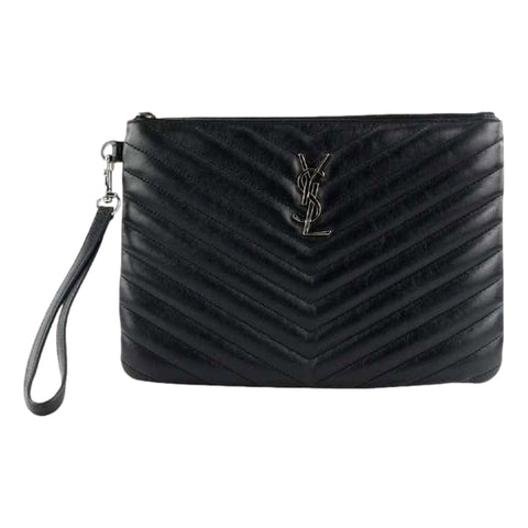 Saint Laurent YSL Black Calfskin Matelasse Chevron Monogram A5 Wristlet Clutch