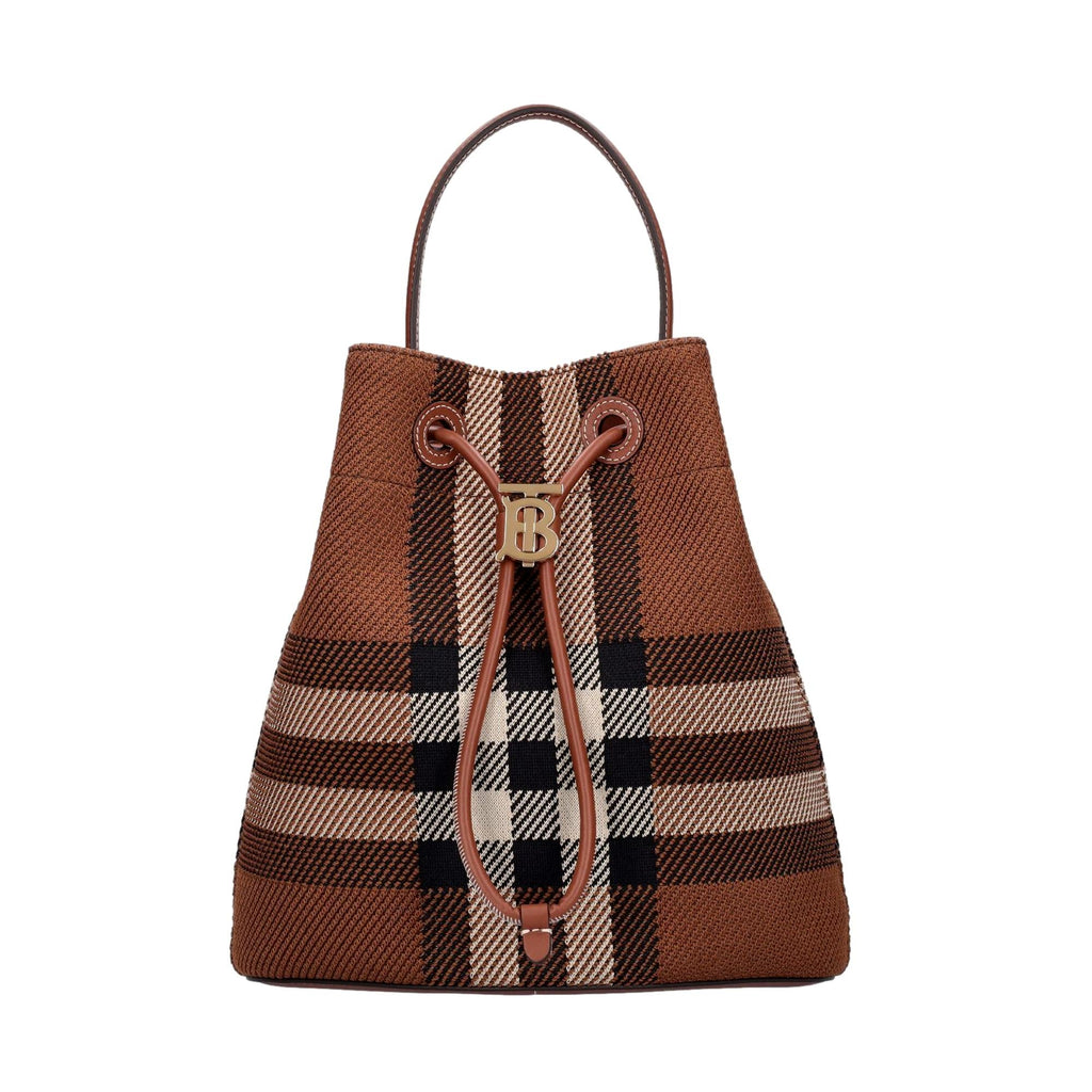 Burberry TB Dark Birch Knitted Check and Leather Small Drawstring Buck ...