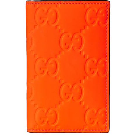 Gucci GG Leather Rubber Effect Neon Orange Folding Wallet Card Holder