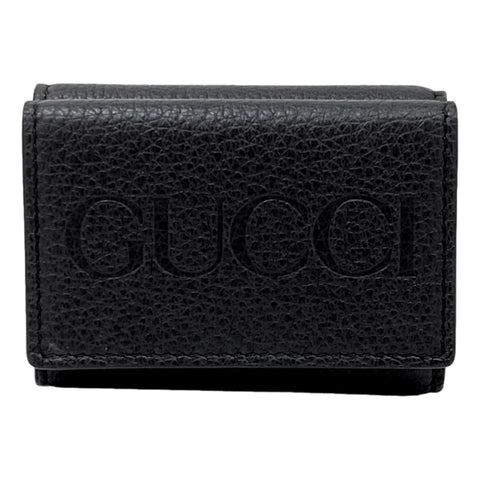 Gucci Embossed Logo Mini Tri-Fold Wallet Black Pebbled Leather