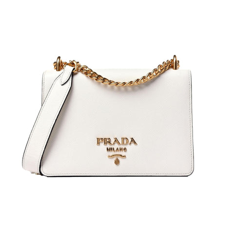 Prada Bianco Saffiano Leather Chain Crossbody Bag at_Queen_Bee_of_Beverly_Hills